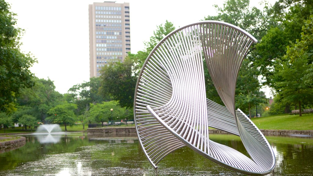 Bushnell Park showing outdoor art, a garden and modern architecture