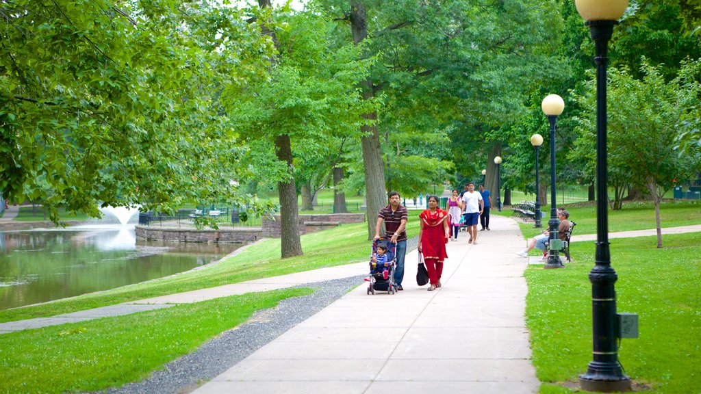 Bushnell Park caracterizando um jardim e escalada ou caminhada assim como uma família