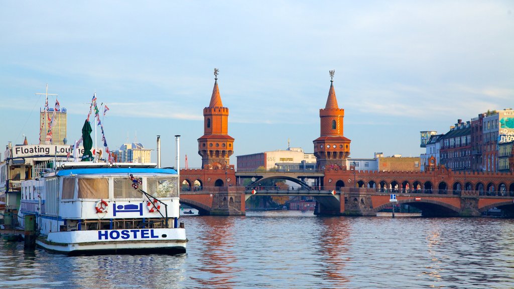 Oberbaum Bridge showing a river or creek, a ferry and a bridge