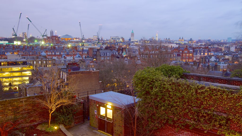 Kensington Roof Gardens showing skyline and a city