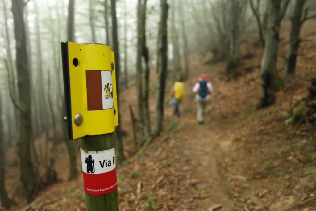 Pellegrini e segnavia della Via Francigena. Foto Andrea Greci