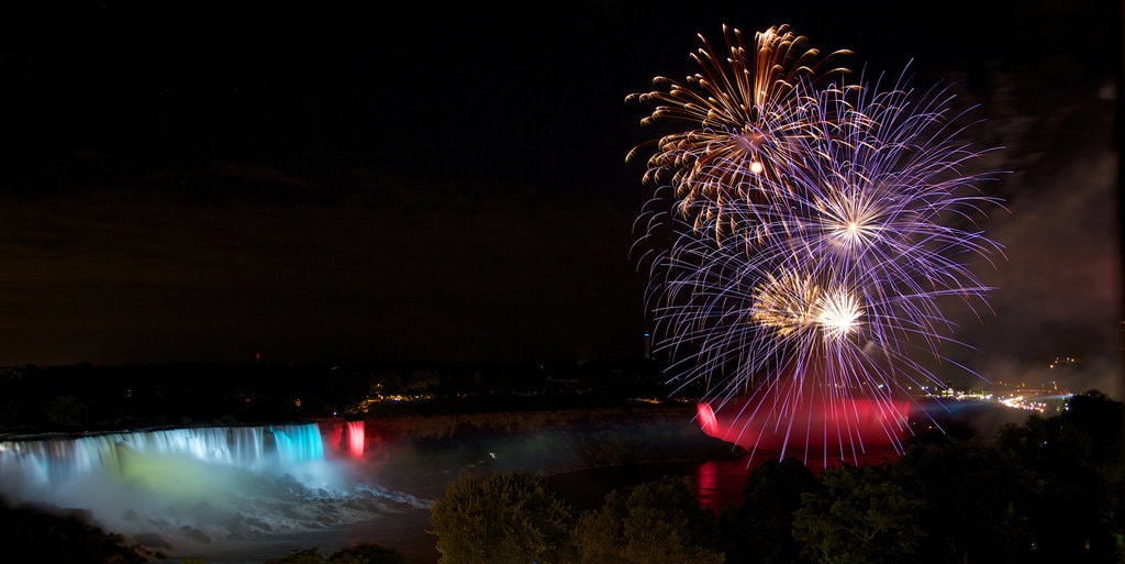Illuminazione e fuochi d'artificio alle cascate del Niagara (BY Trancemist, CC BY 2.0 - https://www.flickr.com/photos/trancemist/7755109358/ )
