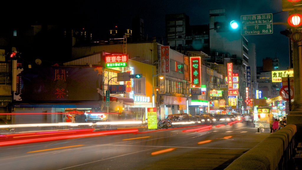 Zhonghua Night Market showing night scenes and a city