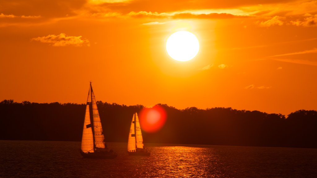 Erie mostrando un lago o espejo de agua, un atardecer y velero