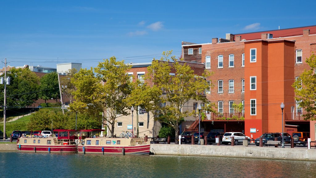 Seneca Falls showing heritage architecture and a river or creek