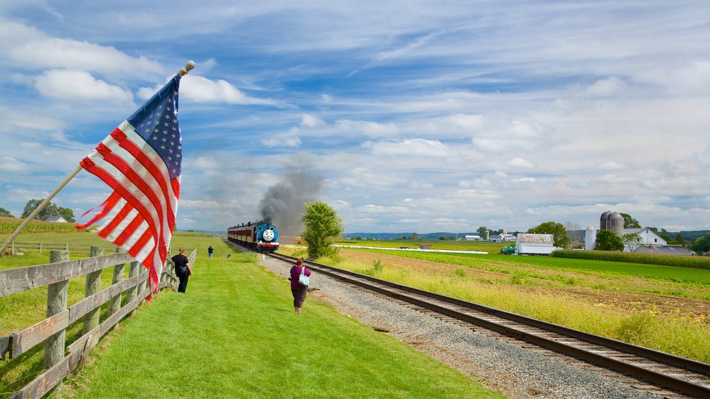 Museo Nacional de Trenes de Juguete mostrando artículos de ferrocarril y vistas de paisajes