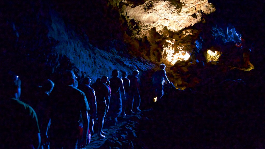 Cueva de los Verdes che include grotte e speleologia cosi come un grande gruppo di persone