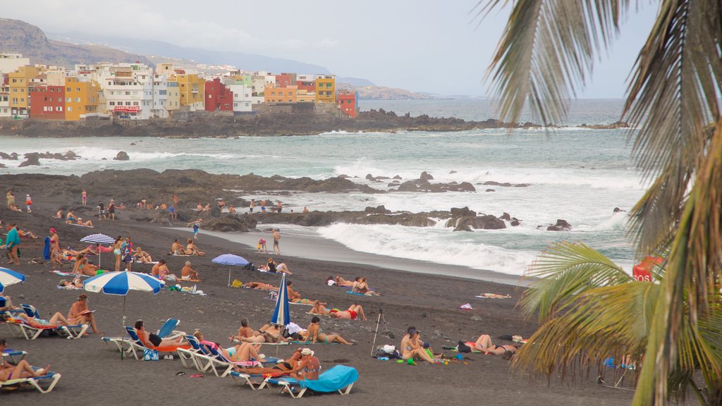 Playa Jardín mostrando vistas generales de la costa y una ciudad costera y también un gran grupo de personas