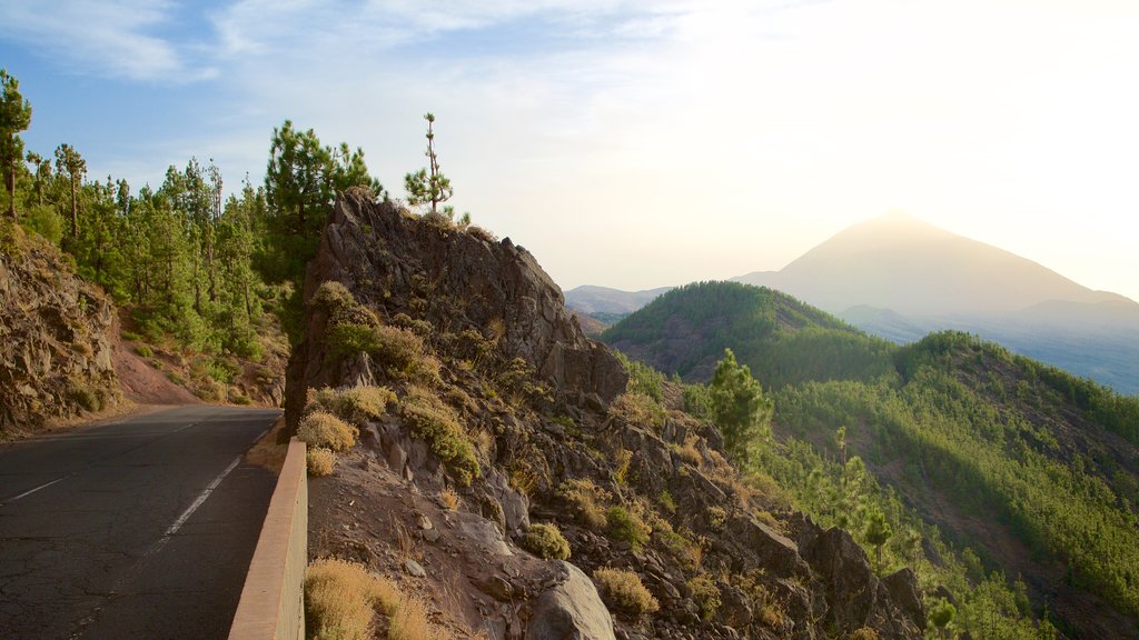 Santiago del Teide toont bergen, een zonsondergang en bossen