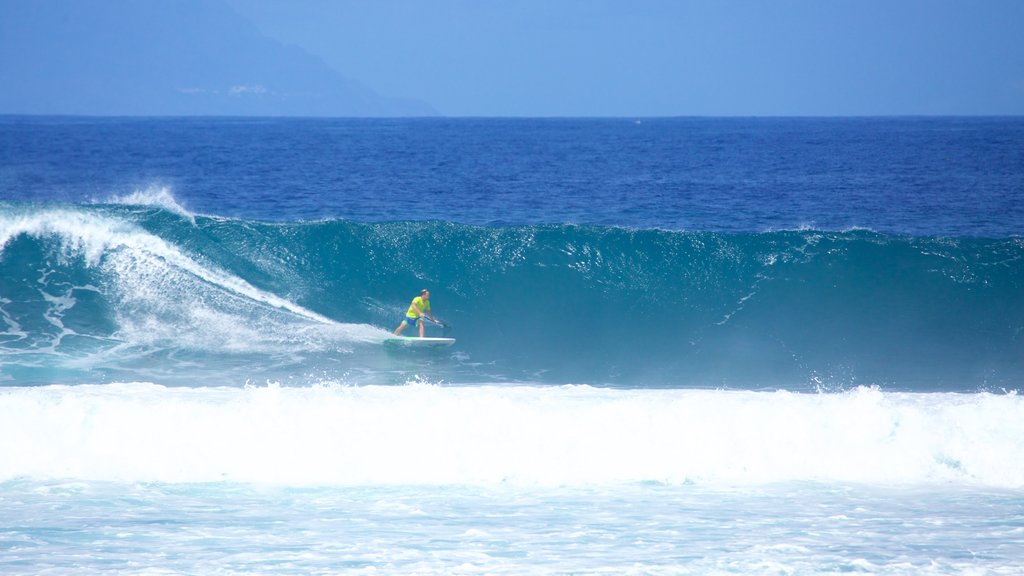 Playa de las Americas mostrando surfe e ondas assim como um homem sozinho