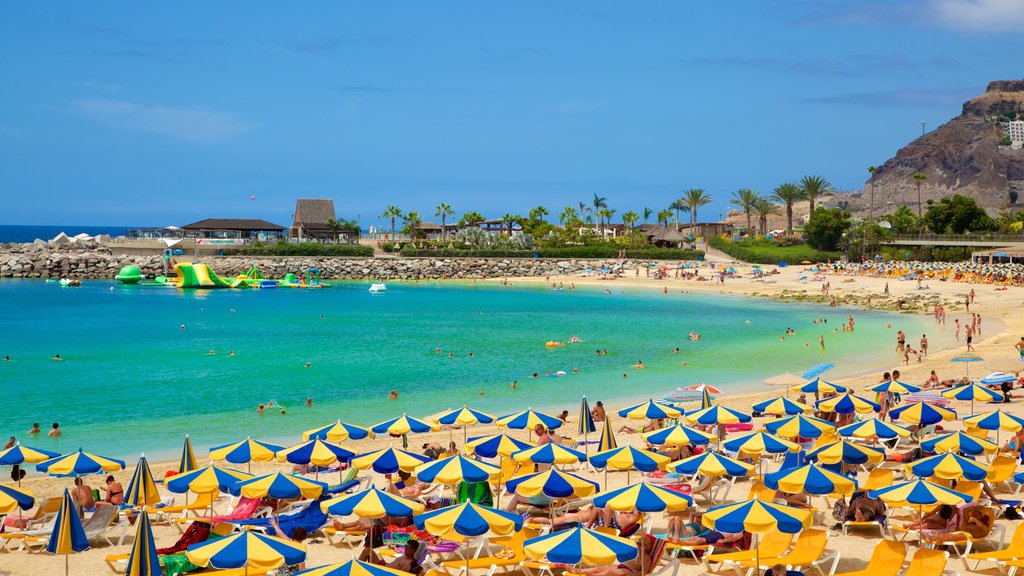 Plage d\'Amadores montrant un hôtel ou un complexe de luxe, paysages côtiers et une plage