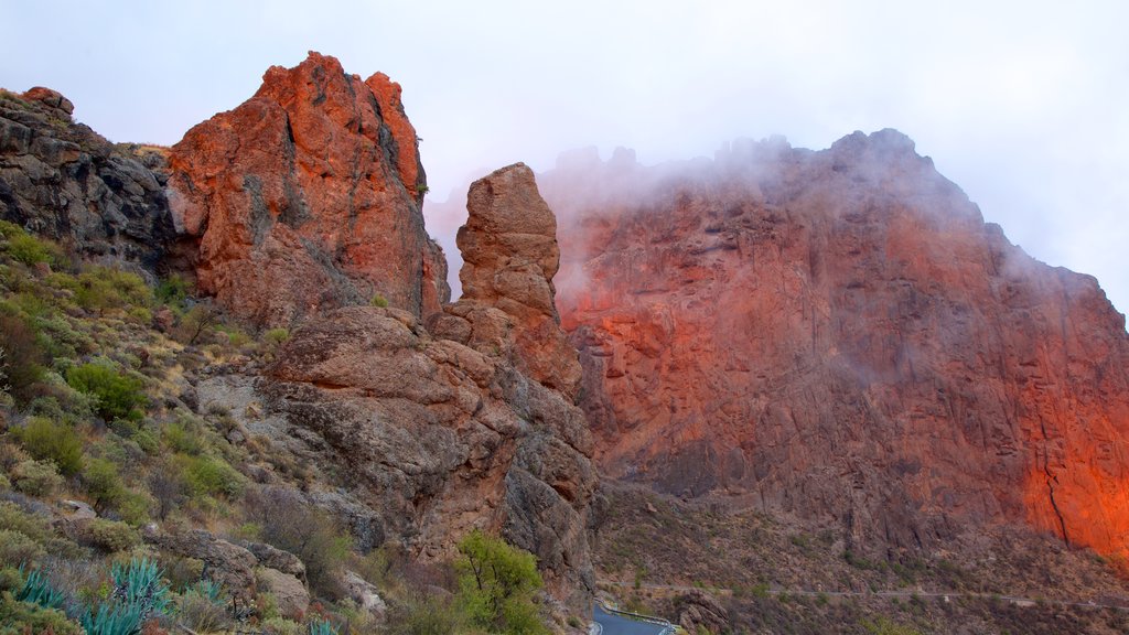 Roque Nublo mostrando montañas y neblina o niebla