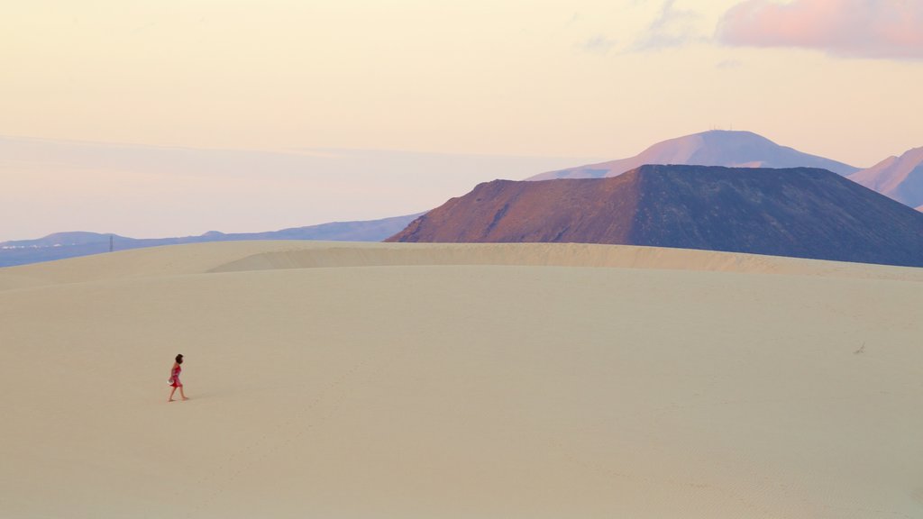 Parque Natural Dunas de Corralejo que inclui uma praia e montanhas