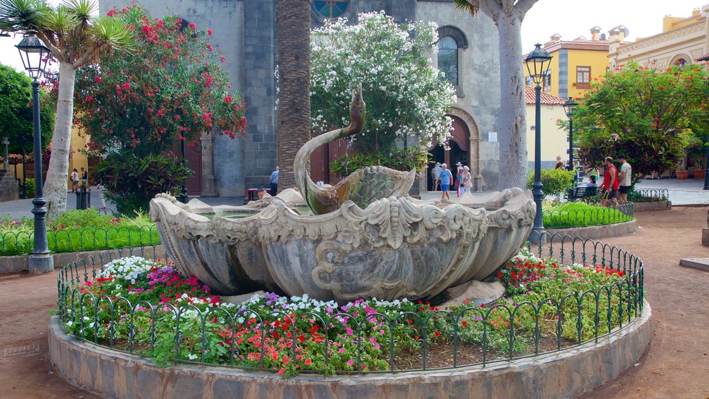 Plaza del Charco showing flowers, a fountain and a park