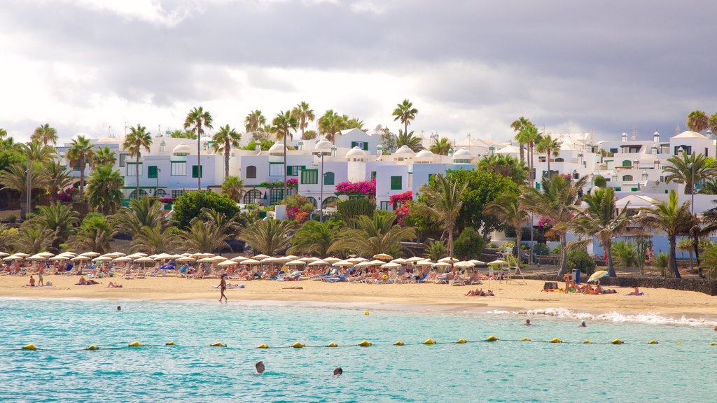 Las Cucharas Beach showing a sandy beach, a coastal town and swimming