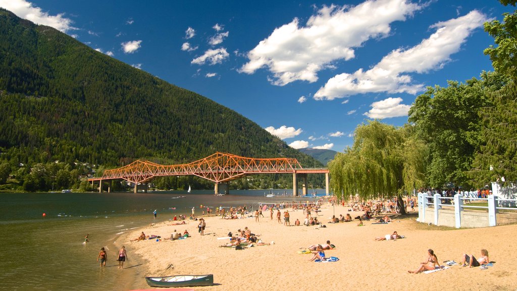 Nelson showing mountains, a bridge and a sandy beach