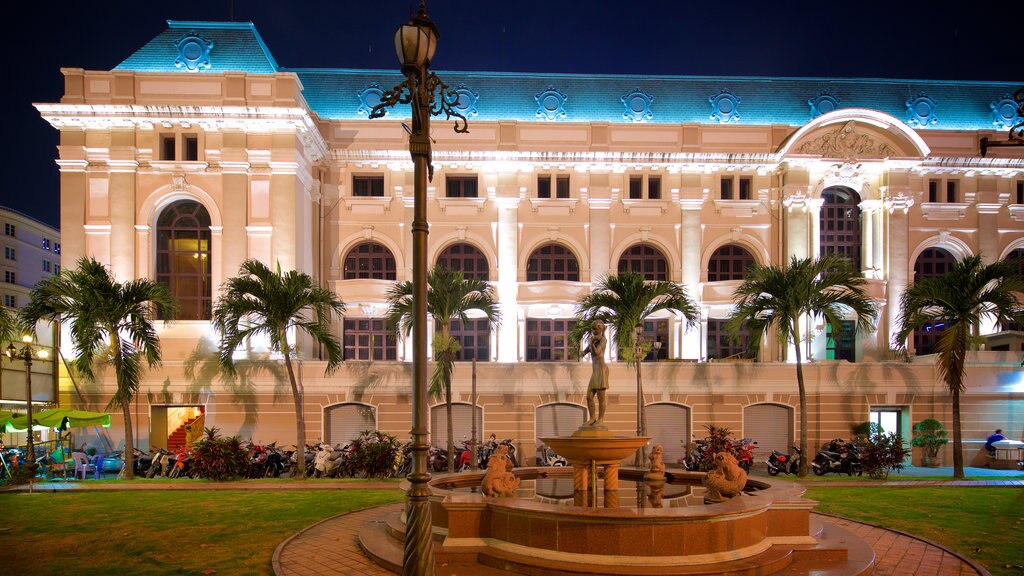 Opera House showing a fountain, heritage architecture and night scenes