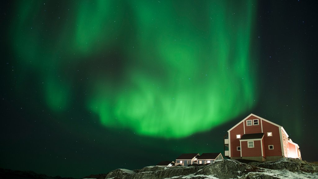 Nuuk showing northern lights, night scenes and a house