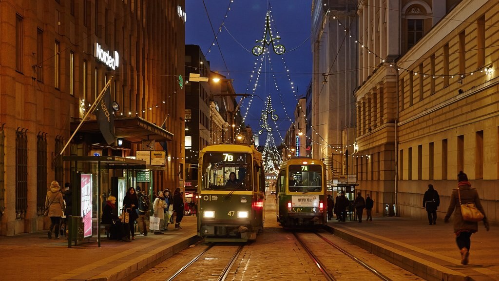 Helsinki showing railway items, street scenes and night scenes
