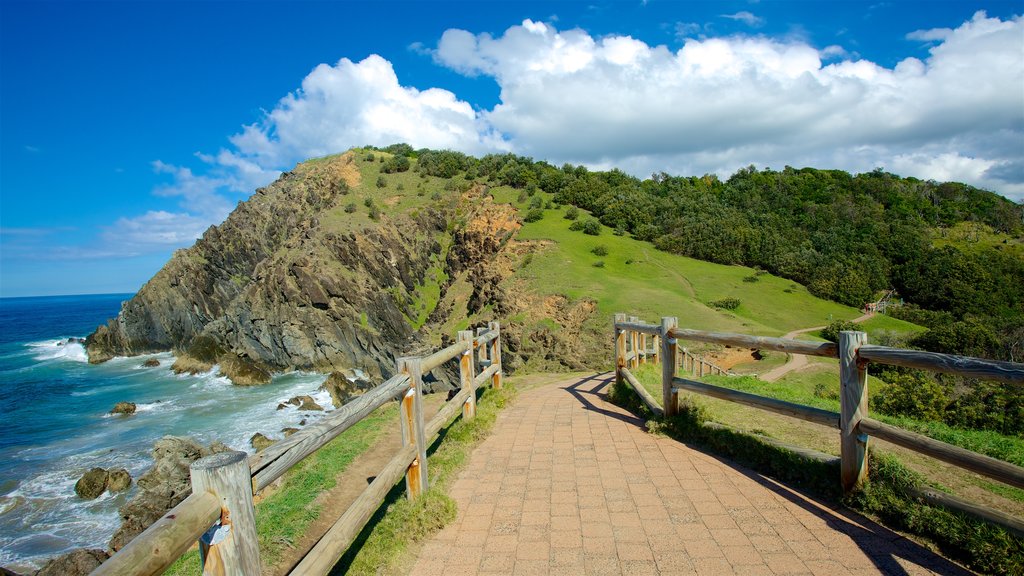 Byron Bay ofreciendo costa escarpada, vista general a la costa y montañas