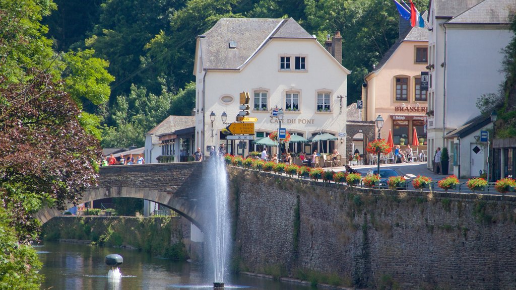 Vianden showing a city, a pond and a fountain