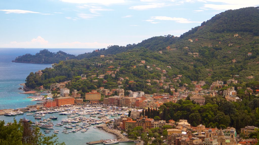 Portofino que incluye vistas generales de la costa, una ciudad costera y una bahía o puerto