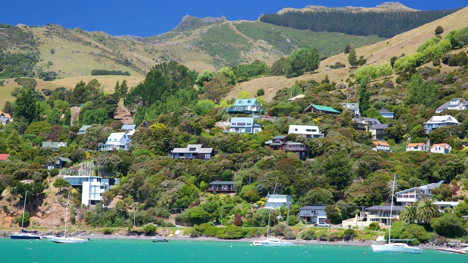 Akaroa mostrando una localidad costera y vistas de una costa