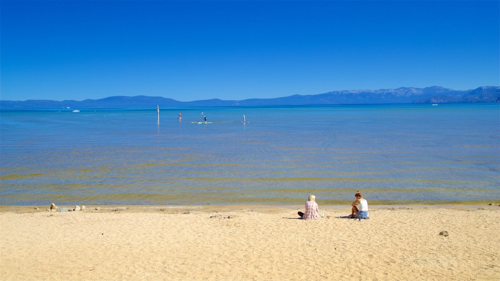 Lake Tahoe inclusief algemene kustgezichten en een strand en ook een vrouw