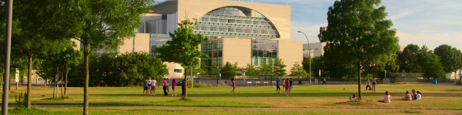 Berlin which includes modern architecture and a park