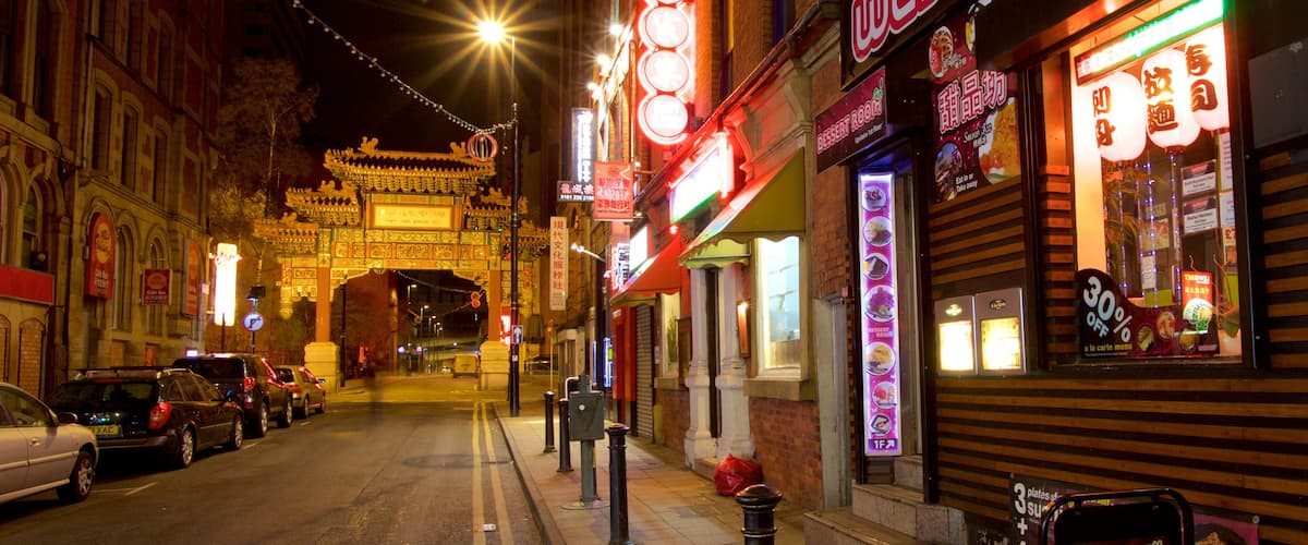 Chinatown featuring night scenes, signage and shopping