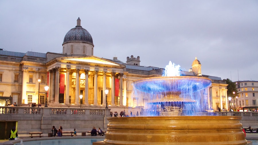 National Gallery mostrando oggetti d\'epoca, fontana e paesaggio notturno