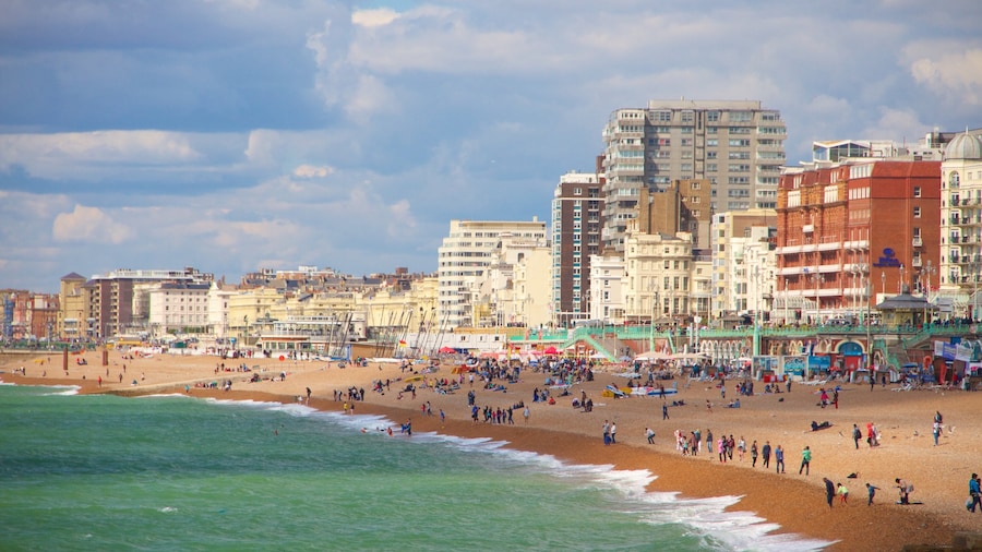 Brighton Beach som omfatter en by og udsigt over kystområde
