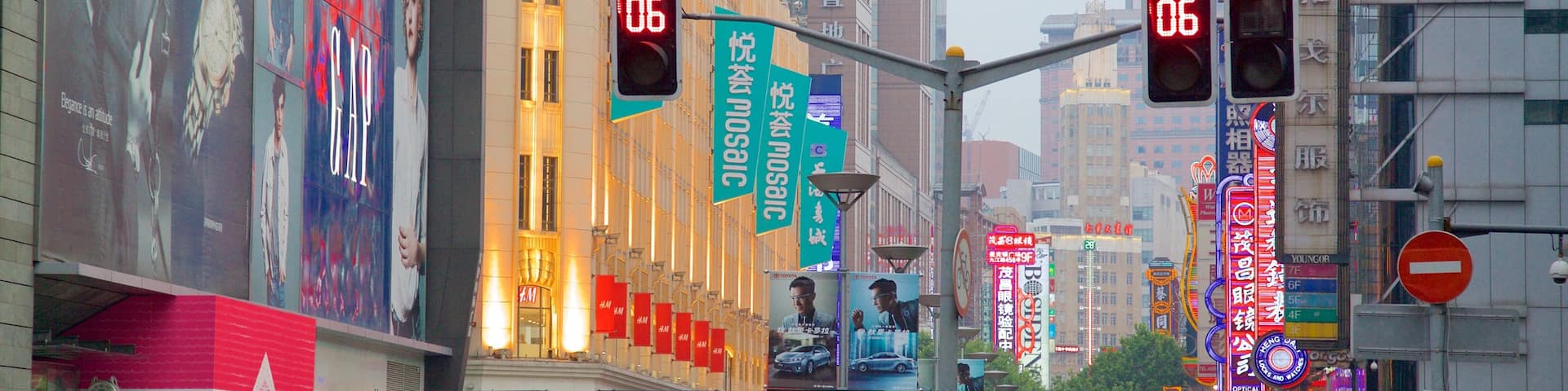 Nanjing Road Shopping District featuring street scenes, a city and signage