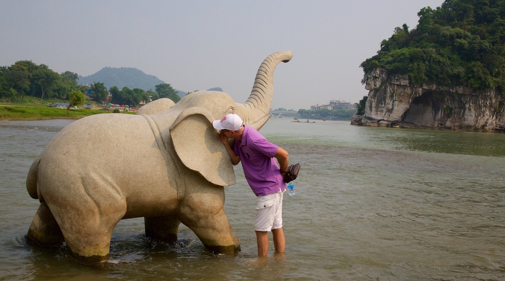 Elephant Trunk Hill inclusief een standbeeld of beeldhouwwerk en een rivier of beek en ook een man