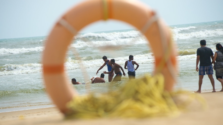 Pondicherry ofreciendo una playa y también un pequeño grupo de personas