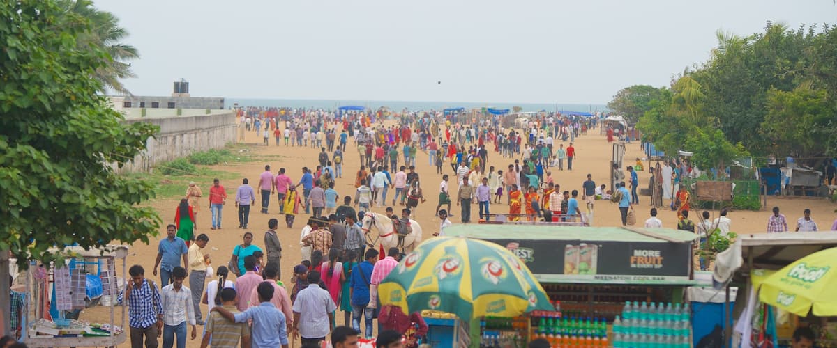 Marina Beach featuring general coastal views as well as a large group of people