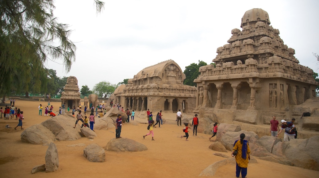 Pancha Pandava Rathas featuring heritage elements as well as a large group of people