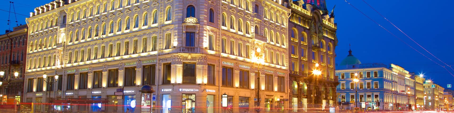 Nevskiy Prospekt which includes night scenes and a city