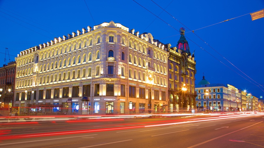 Nevskiy Prospekt showing a city and night scenes