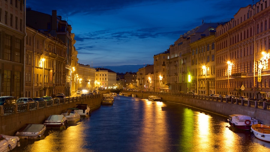 St. Petersburg showing night scenes, a river or creek and a city