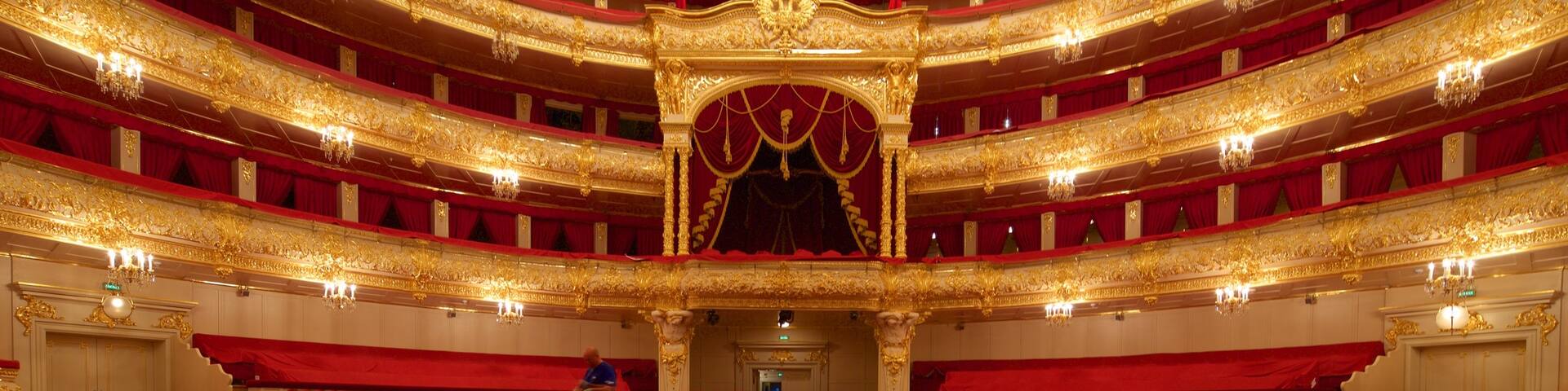 Bolshoi Theatre showing heritage architecture, interior views and theater scenes