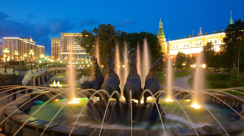 Alexander Gardens featuring a statue or sculpture, night scenes and a fountain