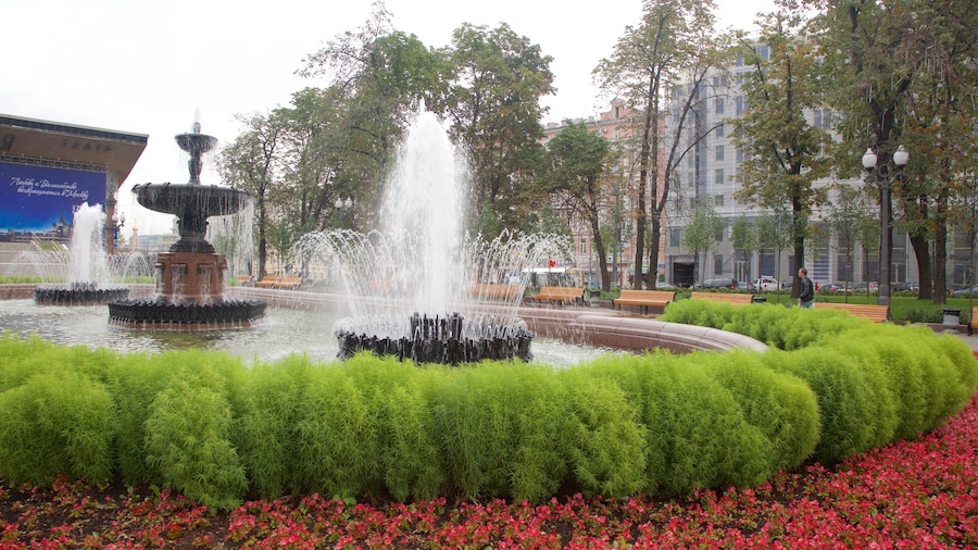Poesjkinplein toont een fontein en een tuin