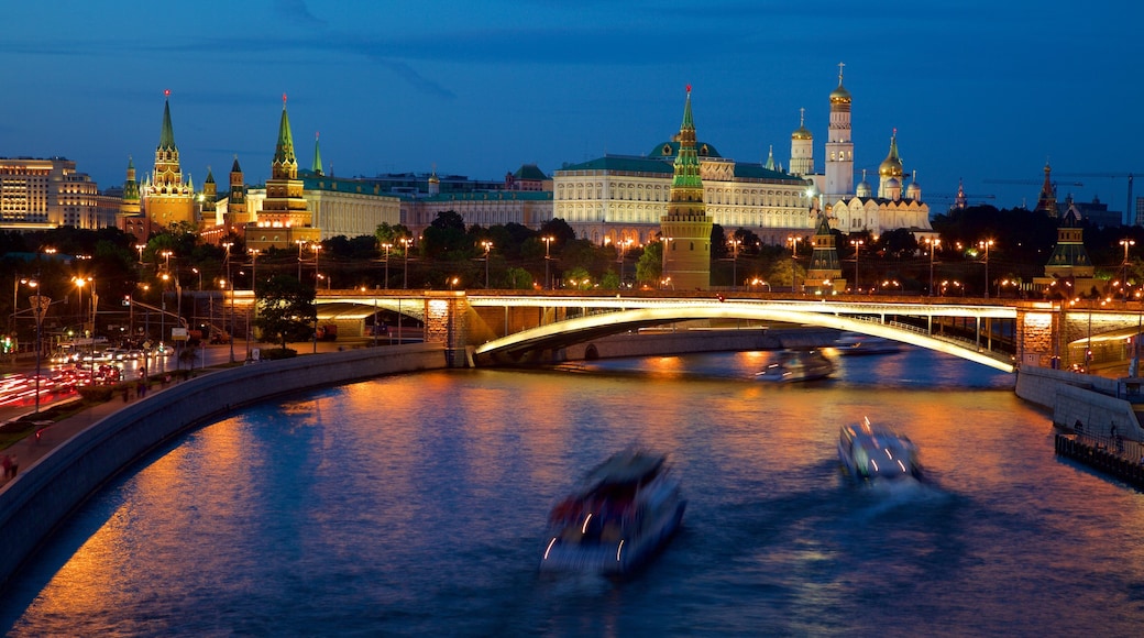 Moscow Kremlin featuring night scenes, a river or creek and a city