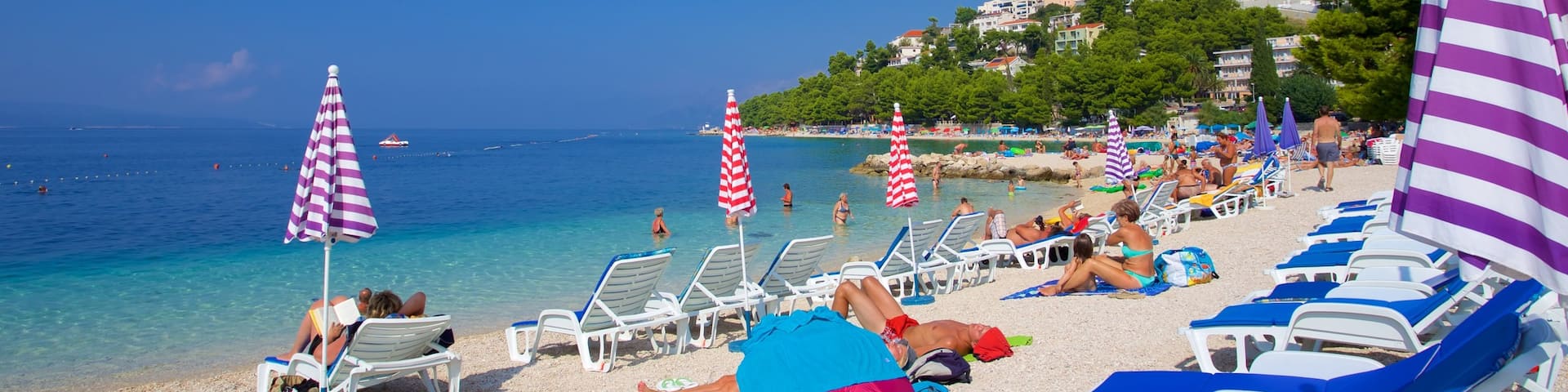 Baska Voda Beach which includes a pebble beach as well as a small group of people