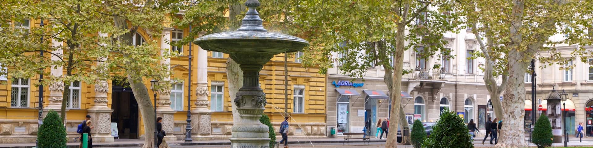 Zrinjevac which includes a city, a garden and a fountain
