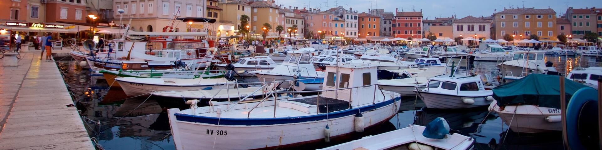 Rovinj Harbour featuring a coastal town, boating and a bay or harbor