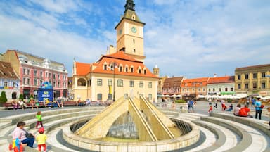 Brasov inclusief een fontein, een overheidsgebouw en historische architectuur