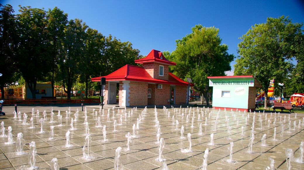 Parque Tineretului mostrando una fuente y un jardín