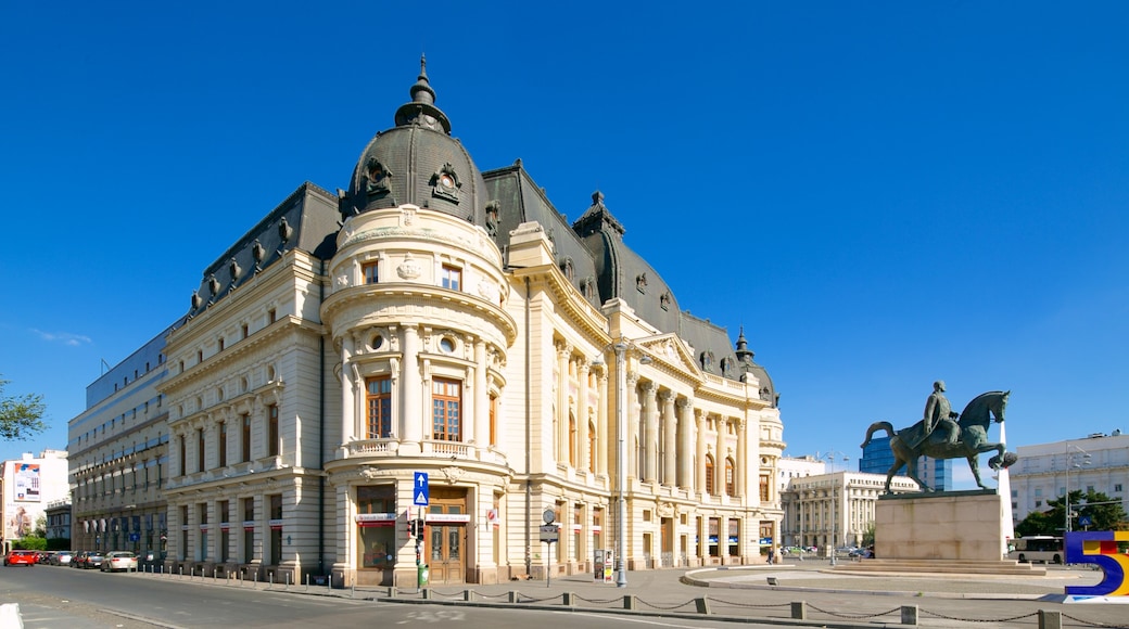 Bucharest featuring a city, heritage architecture and a statue or sculpture